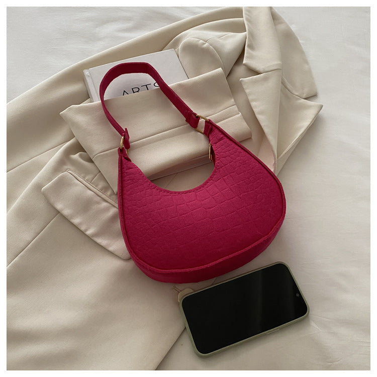 Solid Color Elegant Women's Bag2024Trendy Korean Style Autumn Winter New Stone Pattern Underarm Bag Casual Shoulder Handbag