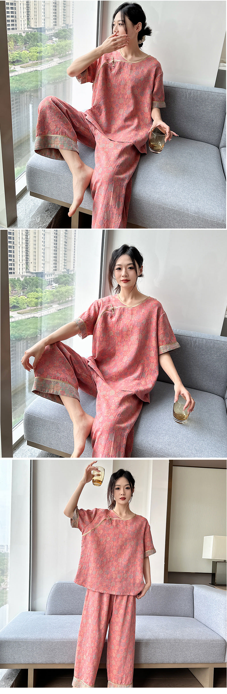 New Chinese Style Retro National Style Cotton Gauze Pajamas Plus Size for Women mm Summer Thin Loose Fit200Pure Cotton Homewear