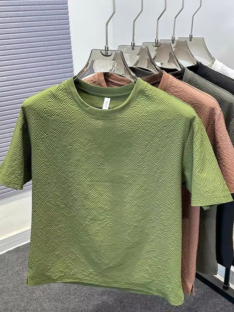 Summer New Bubble Gauze Texture High-end T Loose Round Neck Men's Short Sleeve T-Shirt T Solid Color Short Sleeve Versatile Top