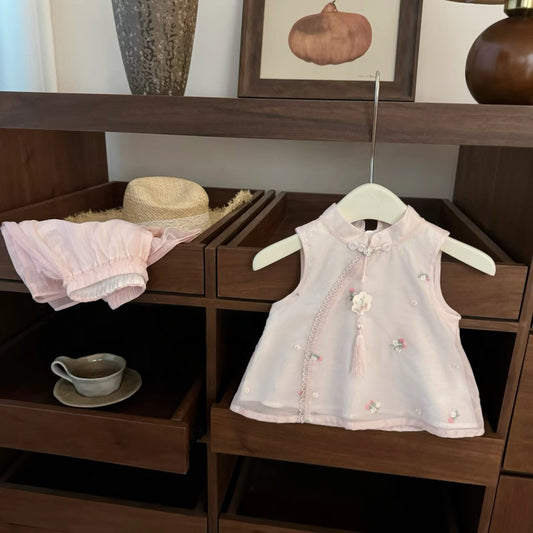 Sweet Little Girl Summer Outfit New Baby Chinese Style Top Wide-Leg Pants Summer Fashion Chinese Two-Piece Set