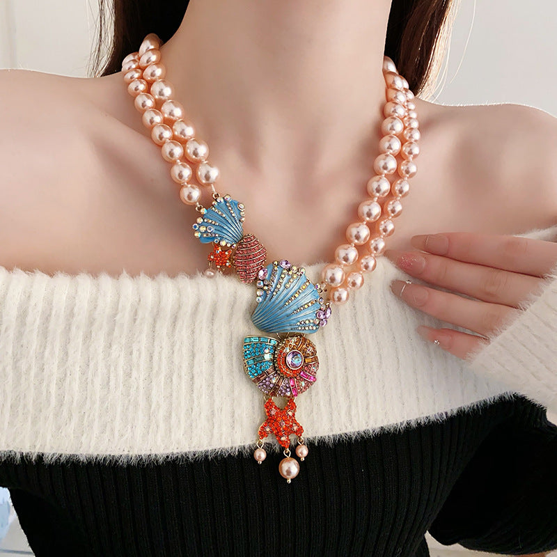 Medieval vintage Necklace with Inlaid Diamonds, Oil Drop Shell Conch Pearl Necklace, Exaggerated Vintage Jewelry Manufacturer Wholesale