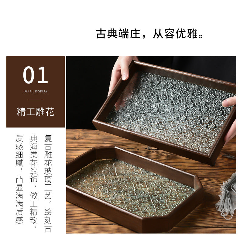 Begonia Embossed Glass Tray Walnut Color Rectangular Tea Tray Storage Ornaments Tea Water Cup Fruit Snack Plate
