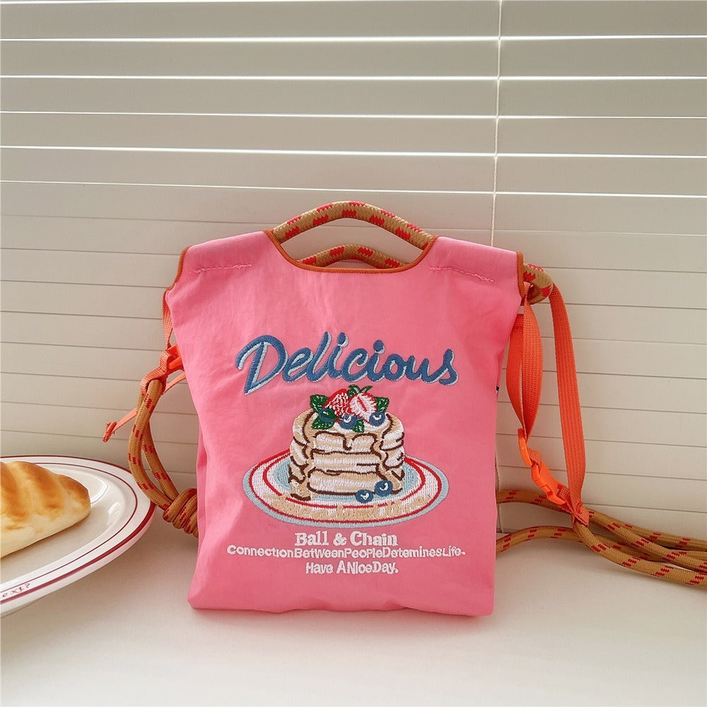 Japanese Style BallChain Same Style Eco-Friendly Embroidered Shopping Bag Nylon Fabric Floral Handheld Niche Fashion Shopping Bag