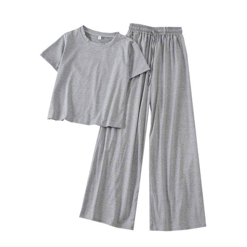 In Stock Cross-Border Amazon Summer New Korean Style Fashionable Petite Height-Enhancing Set Women Short Sleeve Wide-Leg Pants Casual Pants