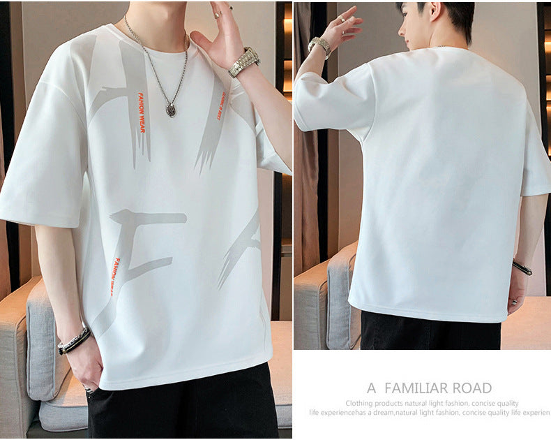 Summer Trendy Hong Kong Style Men's Printed Round Neck Short Sleeve T T-shirt Plus Size Loose Casual T-Shirt for Overweight Men