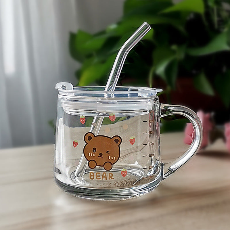 ins Glass Cup with Straw Milk Breakfast Cup Cute Cartoon Graduated Cup with Lid Spoon Gift Customization logo