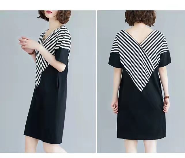 Korean Style Mid-Length Short-Sleeve Striped Patchwork Skirt, Belly-Covering, Slimming, Plus Size, Loose-Fit, Casual V Women's Trendy Collared Dress