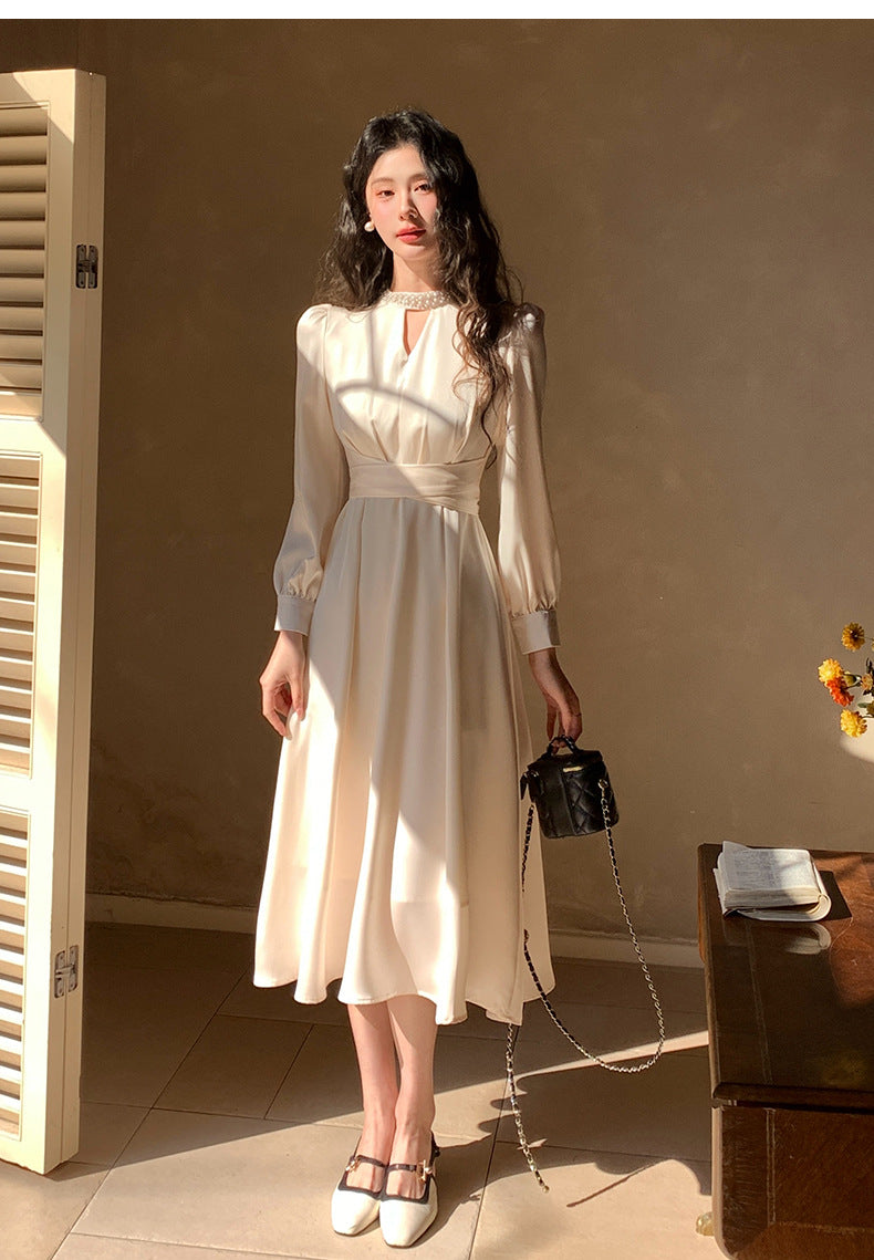 French A Line skirt2025Spring and Summer New Women's Long Sleeve Dress Waist Slimming Elegant Acetate Satin Long Dress