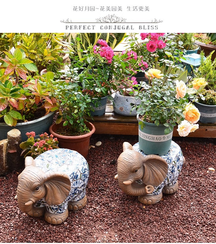 Cartoon Courtyard Animal Decoration Ornament Blue and White Elephant Stump Courtyard Garden Flower Pot Base Balcony Outdoor Chair