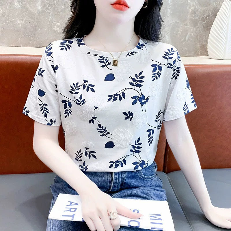 Cross-border new product milk silk round neck short-sleeved women's clothing T Floral Print Foam Base Shirt Loose Fit Women's Top
