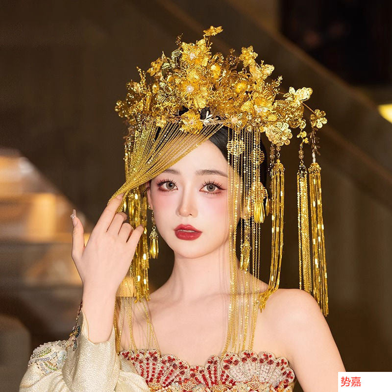 Bridal Hair Accessories Set Tiara Versatile Qing Dynasty Style Xiuhe Costume Crown Veil Hair Accessories Makeup Gold