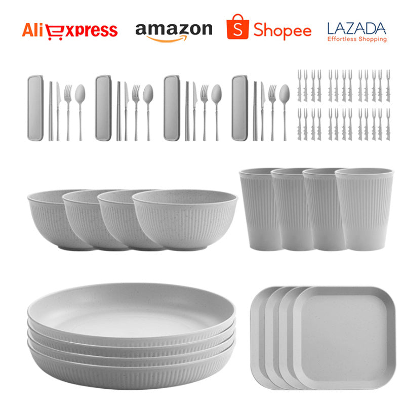 TEMU Amazon Wheat Straw Plate Bowl Cup Tableware Set Household Dining Plate Rice Bowl Water Cup Tableware Set Eco-friendly