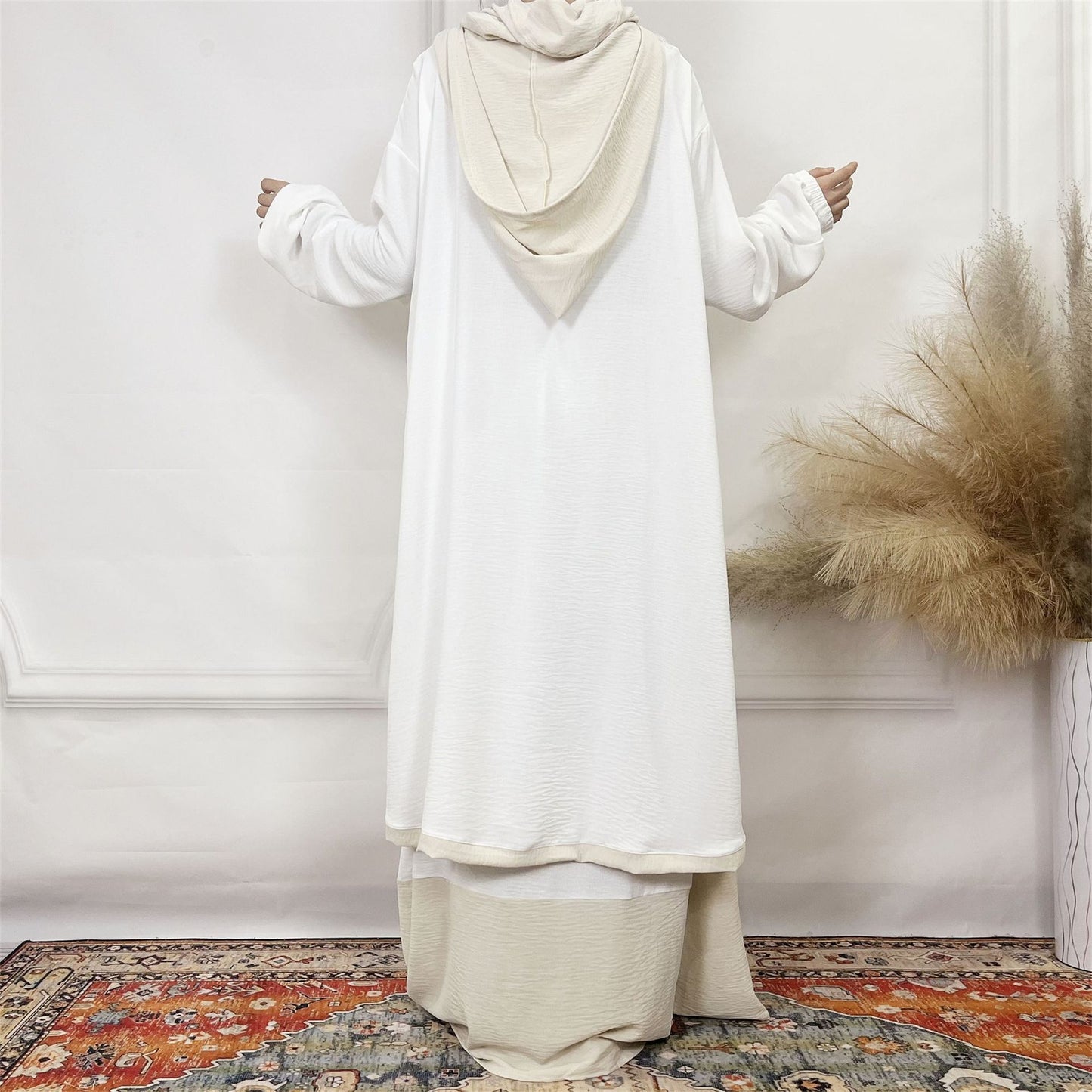 2024Aliexpress Muslims Fashion Women's Two-Piece Set with Bowknot, Solid Color Double-Layer Hat and Robe Set
