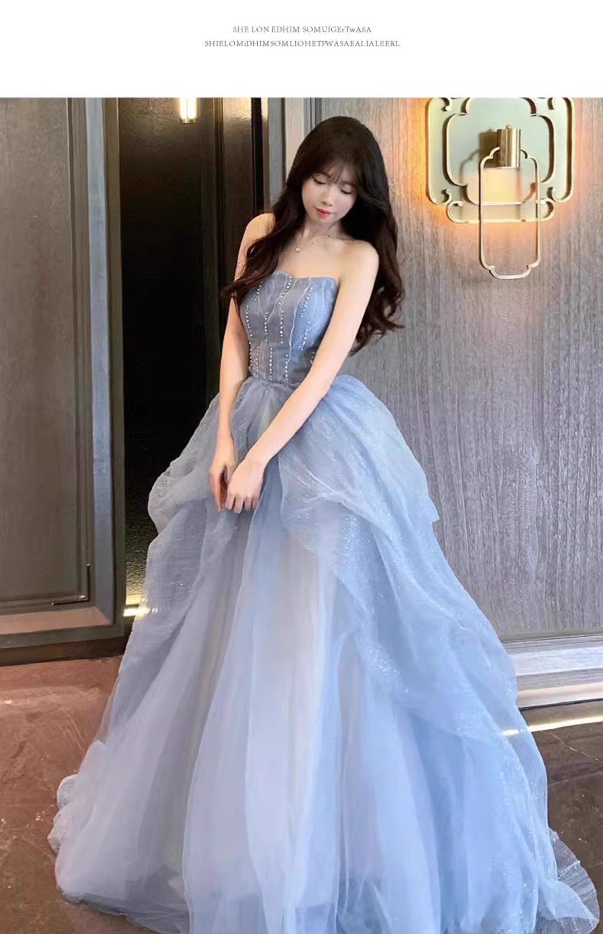 Blue Strapless Dress Puff Skirt Runaway Princess Fairy Dress Light Luxury High-end Evening Dress Host Slim Fit Elegant