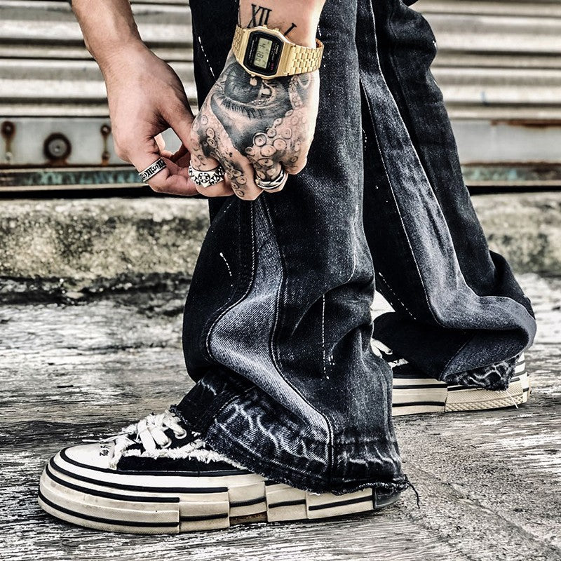 2023New Graffiti Ink Splash Damage Dept Casual Retro Niche vibo High Street Men's and Women's Flared Jeans