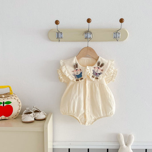 2025New Pure Cotton Girls Summer Clothes Sleeve Three-dimensional Rabbit Doll Collar Lace Baby Harness Fashionable Princess Climbing Clothes