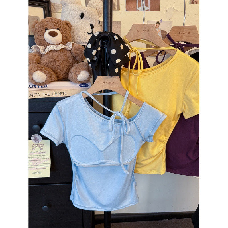 Purple Sexy Off-Shoulder Lace-Up Short Sleeve T Women's Summer Slim Fit Waist-Cinching American Style Hot Girl Halter Neck Top