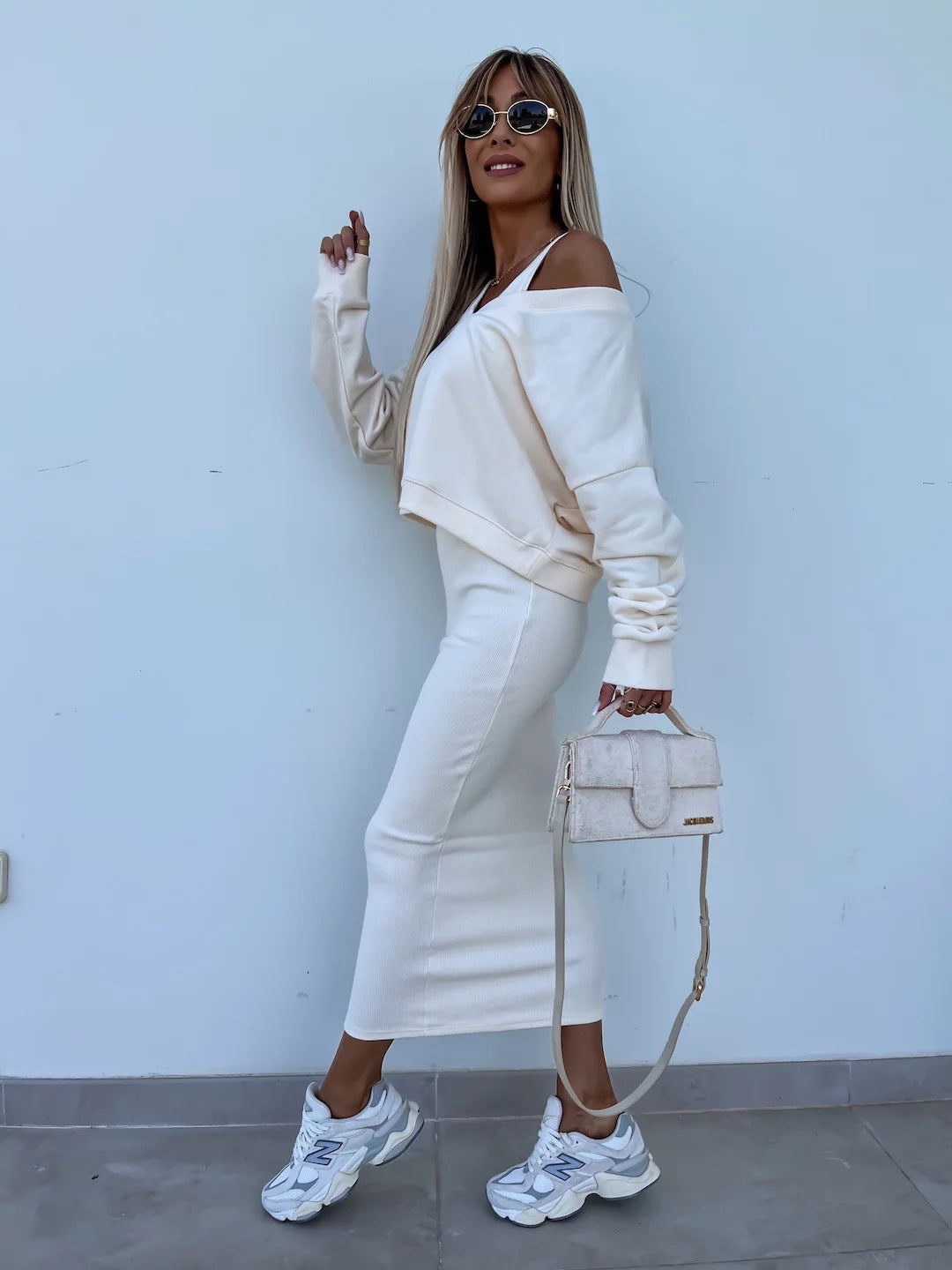 Amazon European and American Cross-Border New Spring Summer Women's Solid Color Clothing V Collar Long Sleeve Sweater Sling Slim Fit Long Dress2Set