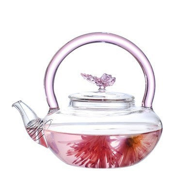 Teapot with Pink Handle Butterfly Teapot High Borosilicate Heat-Resistant Glass Teapot Electric Ceramic Stove Special Tea Brewing Teapot Flower Tea Teapot
