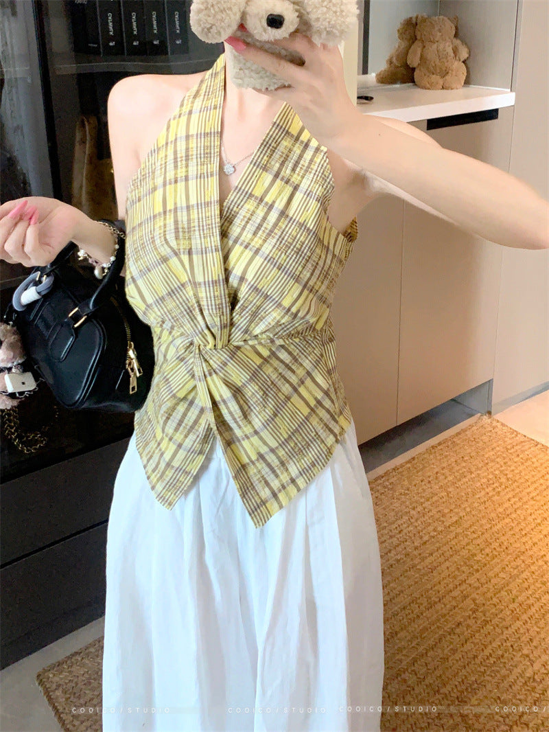 Summer2025New Korean Retro Plaid Knot Waist Slimming Elegant Halter Top Women's Camisole Trendy