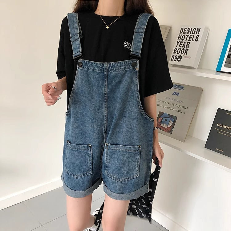 Women's Denim Overalls Summer Thin Loose Slimming Straight Strap Jumpsuit Denim Overalls Shorts
