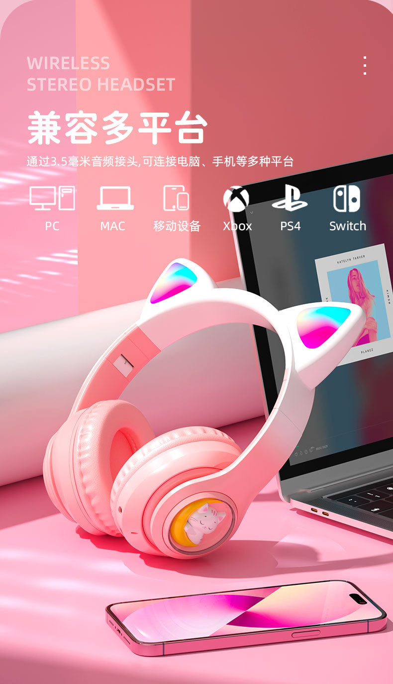 Space Capsule Cat Ear Bluetooth Headphones5.3Head-mounted Cute Glowing Cross-border Hot Item STN28S Ultra-long life battery