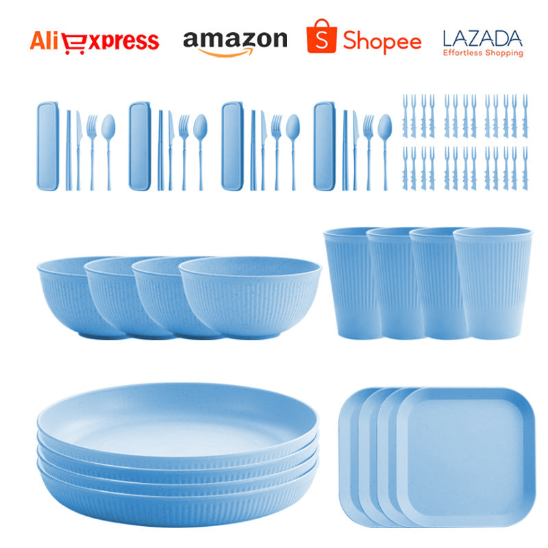 TEMU Amazon Wheat Straw Plate Bowl Cup Tableware Set Household Dining Plate Rice Bowl Water Cup Tableware Set Eco-friendly