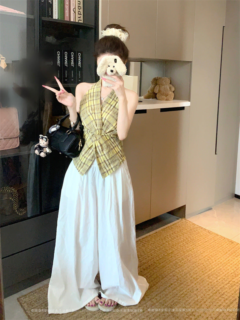 Summer2025New Korean Retro Plaid Knot Waist Slimming Elegant Halter Top Women's Camisole Trendy