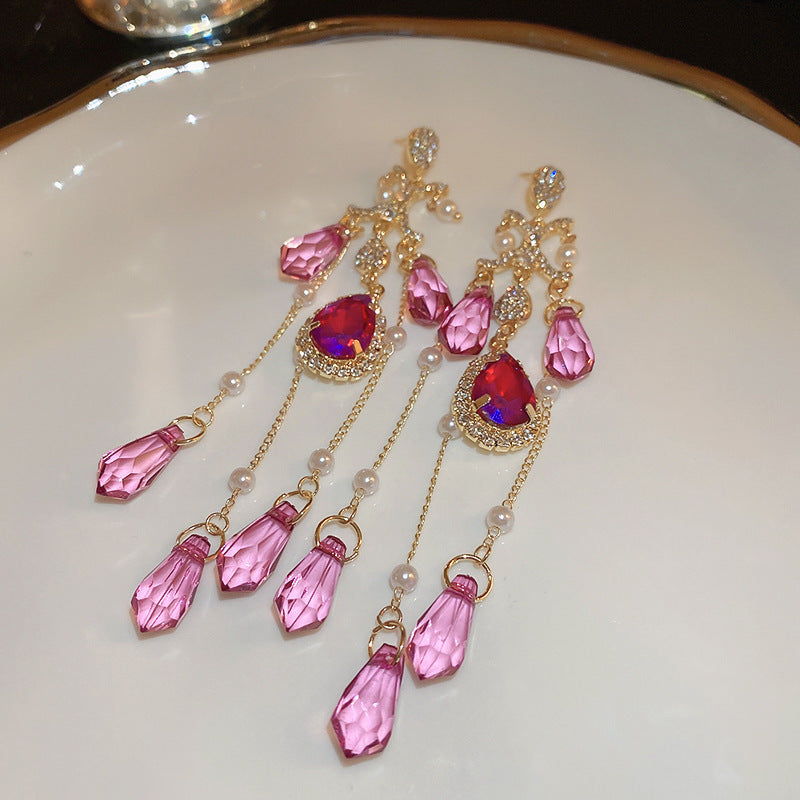Medieval vintage Zircon Earrings Silver Needle Exaggerated Heavy Craft Flower Water Drop Studs Light Luxury High-end Feel Earrings for Women