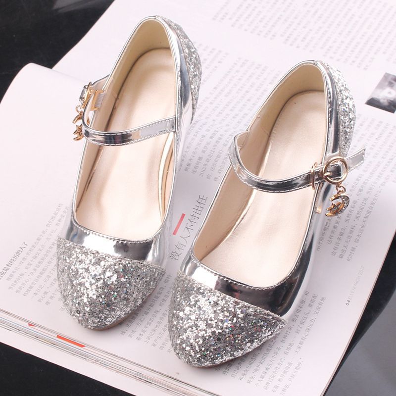 Girls' Leather Shoes Korean Style High Heel Princess Shoes Frozen Silver Children's Dance Shoes Elsa Shoes Summer