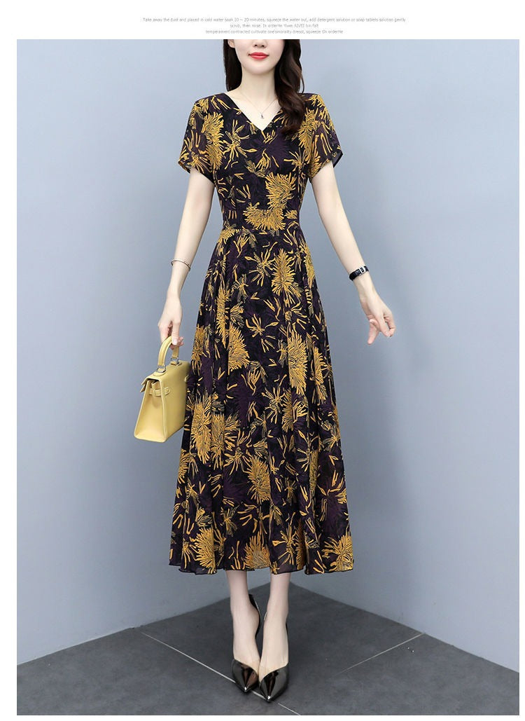 2022Summer New Chiffon Floral Dress Slimming Waist Plus Size Women mm Tummy-Covering Elegant Long Dress