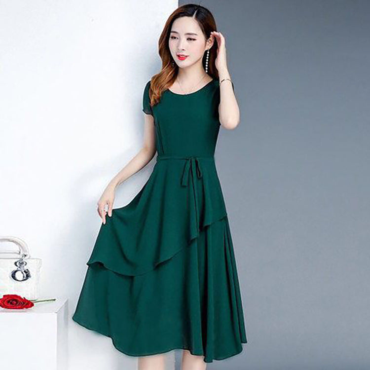 Summer New Fashionable Slimming Age-Reducing Skirt Elegant Mid-Length Style a Round Neck Plus Size Loose Women's Dress
