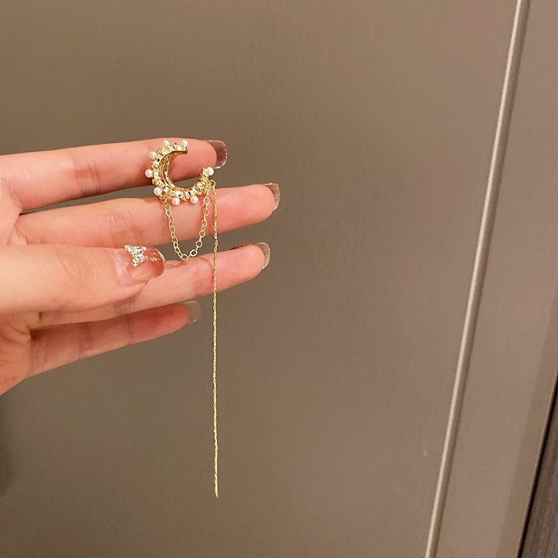 Diamond-encrusted Pearl Heart Tassel Ear Clip Artistic Retro French Ear Cuff Fashionable and Elegant Light Luxury Earrings Wholesale