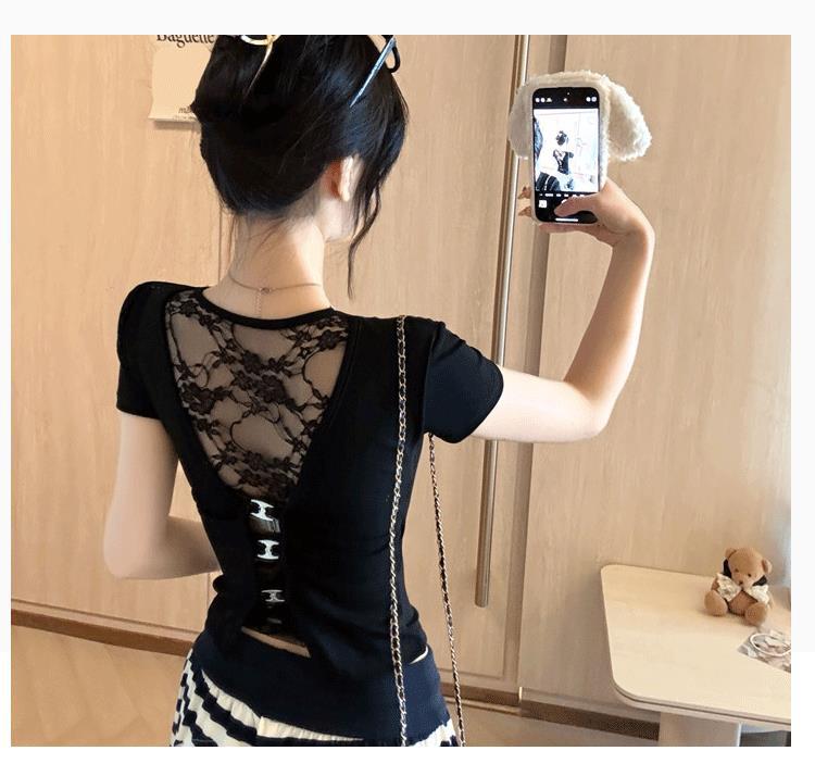 White u Pure Desire Slim Fit Tight Shoulder Short Sleeve t Women's Summer Shirt with Chest Pads Lace Hollow Out Hot Girl Short Top Black
