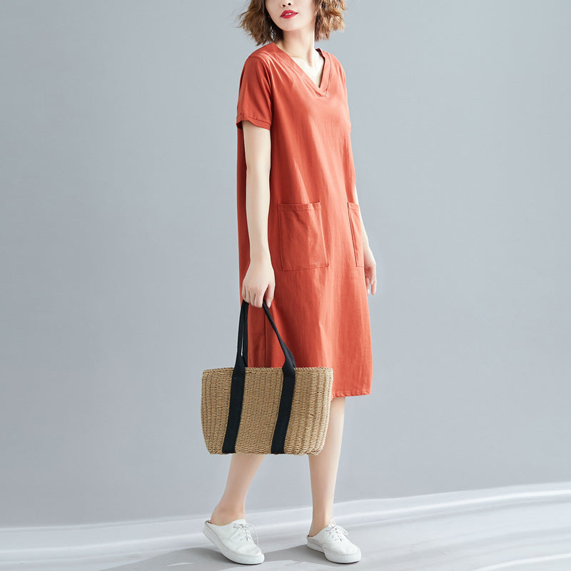 Plus Size Women's Summer Loose Korean Style Mid-Length Dress T Shirt and Skirt for Plus Size mm Solid Color V Collared Slimming Short Sleeve Dress