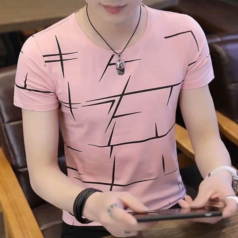 2025Cross-border Trade Summer New Style for Teenagers N Men's Short Sleeve Color Block Crew Neck Trendy Half Sleeve t Shirt Top