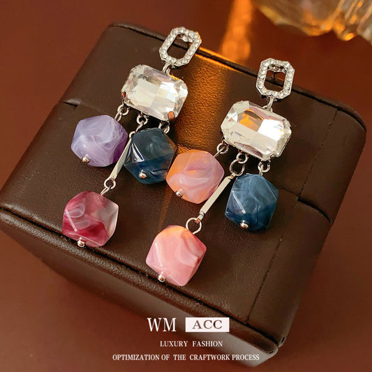 Silver Needle Inlaid Diamond Square Crystal Pendant Earrings Fashion European and American Exaggerated Earrings Light Luxury High-end Niche Earrings for Women