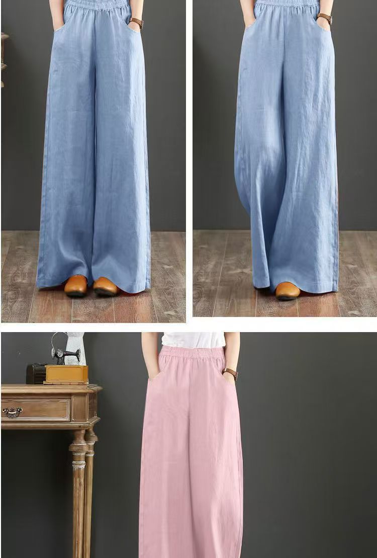 2025Plus Size Women's Linen Wide-Leg Pants High Waist Elastic Waist Cotton Linen Spring Summer Women's Long Pants Loose Cotton Linen Draped