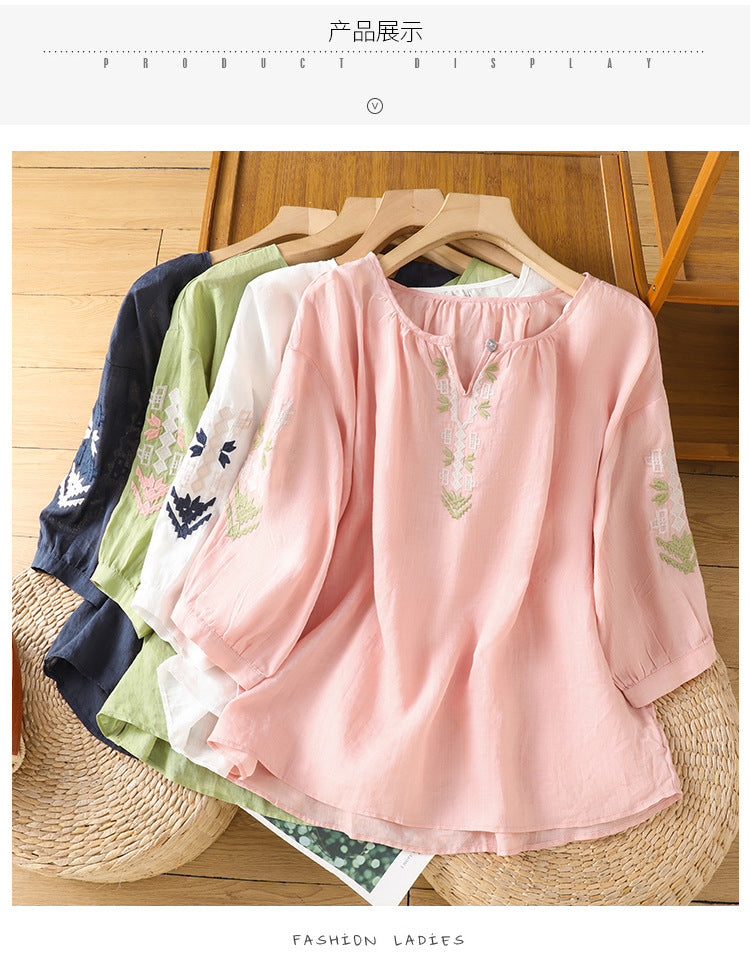 2025Summer New Vacation Ethnic Style Ramie Embroidered Round Neck Shirt for Women Loose Sun Protection Versatile Air Conditioning Shirt