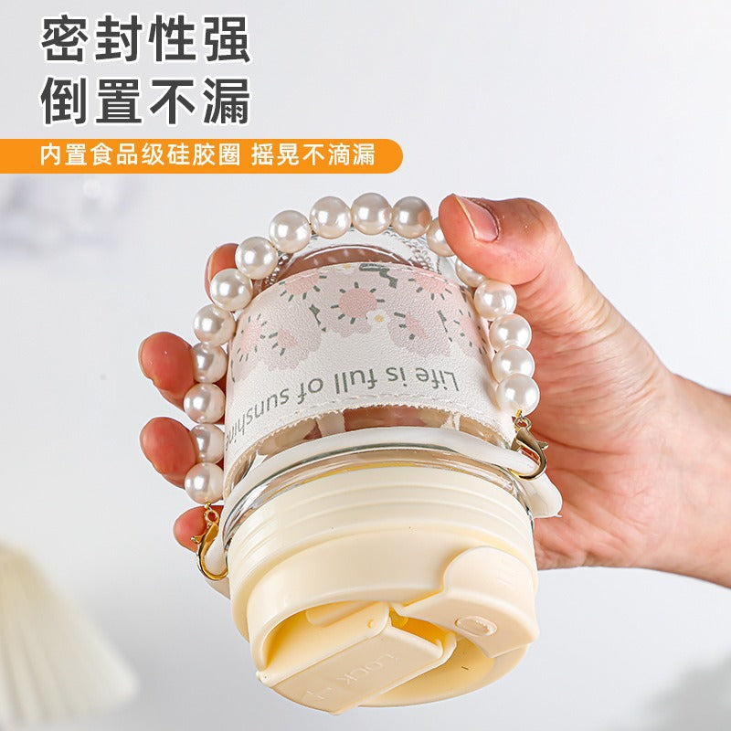Glass Cup Straw Water Cup High Temperature Resistant Pearl Bracelet Double Drinking Cup Cup Souvenir Creative High Appearance Universal