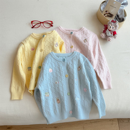 Sweet Little Girl Cute Embroidered Sweater Outerwear Baby Girl Children's Spring and Autumn New Style Girls' Knitted Cardigan Jacket