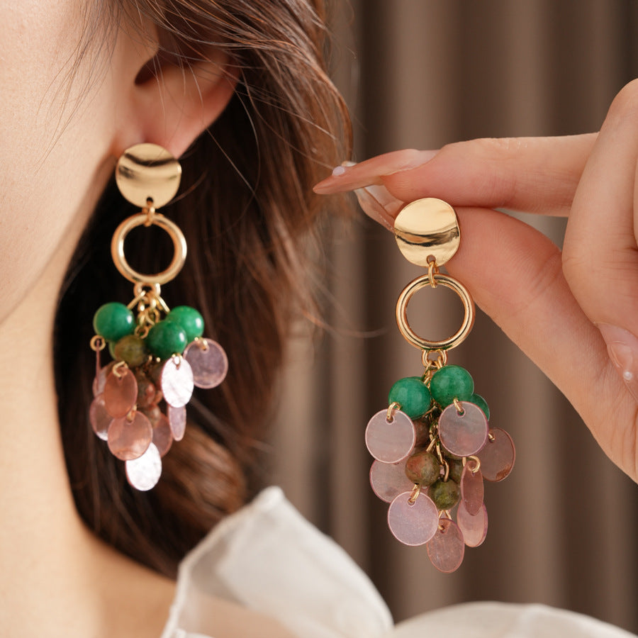 Medieval vintage Jewelry Set Natural Stone Shell Tassel Pendant Earrings Light Luxury High-end Vintage Necklace