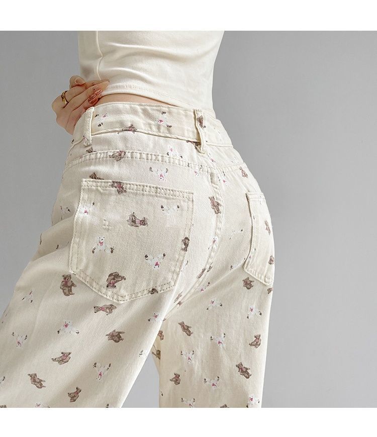 Yuejiaoer Original American Style Cartoon Bear Print Jeans for Women New Flared Loose Straight Wide-Leg Floor-Length Pants