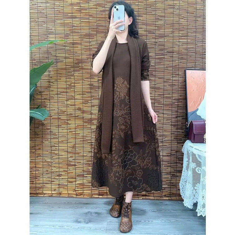 High-End Boutique New Autumn Winter Fashion Elegant Middle-Aged Women's Long Dress Slimming Dress with Scarf