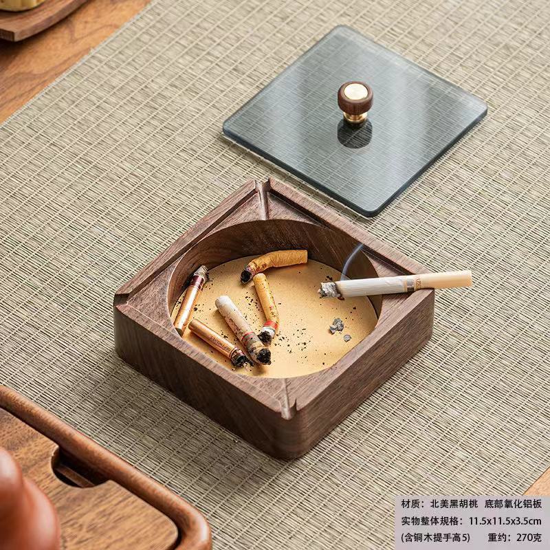 Walnut Ashtray for Home Living Room with Lid, Anti-Fly Ash, Stainless Steel Inner Liner, Creative Office Quality Ashtray
