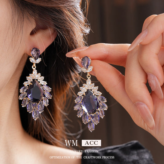 Medieval vintage Zircon Earrings Silver Needle Exaggerated Heavy Craft Flower Water Drop Studs Light Luxury High-end Feel Earrings for Women