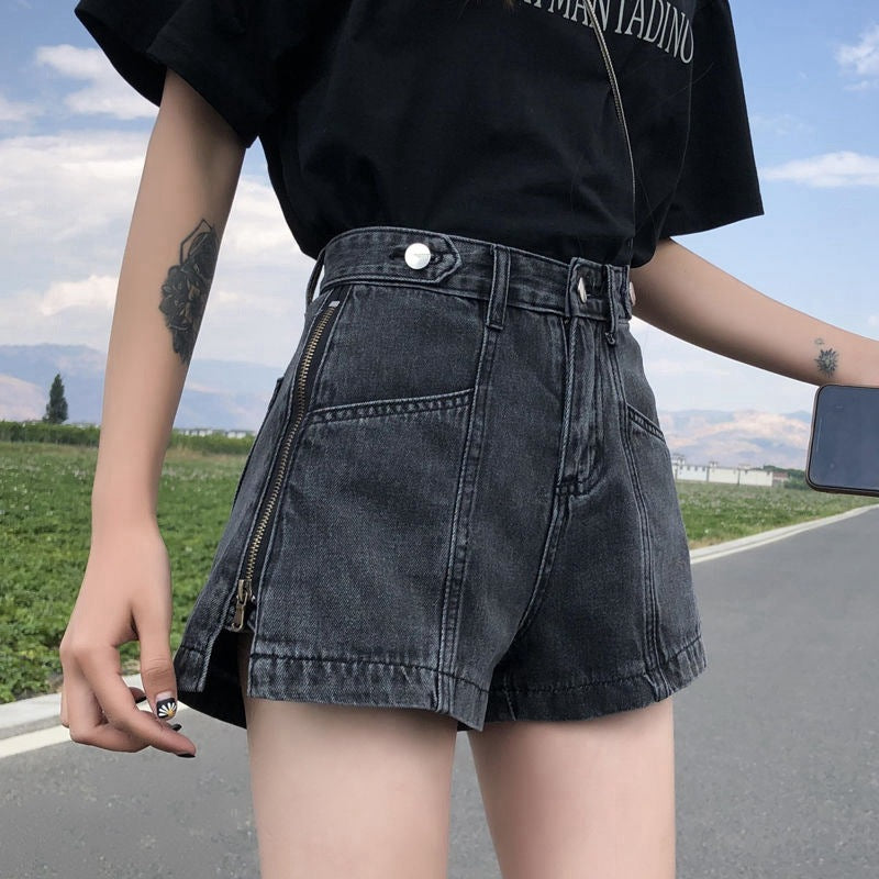 Side Zipper High Waist Denim Shorts Women Summer Loose Fit2025New Year's Slimming Letter Print Wide-Leg Hot Pants Trend