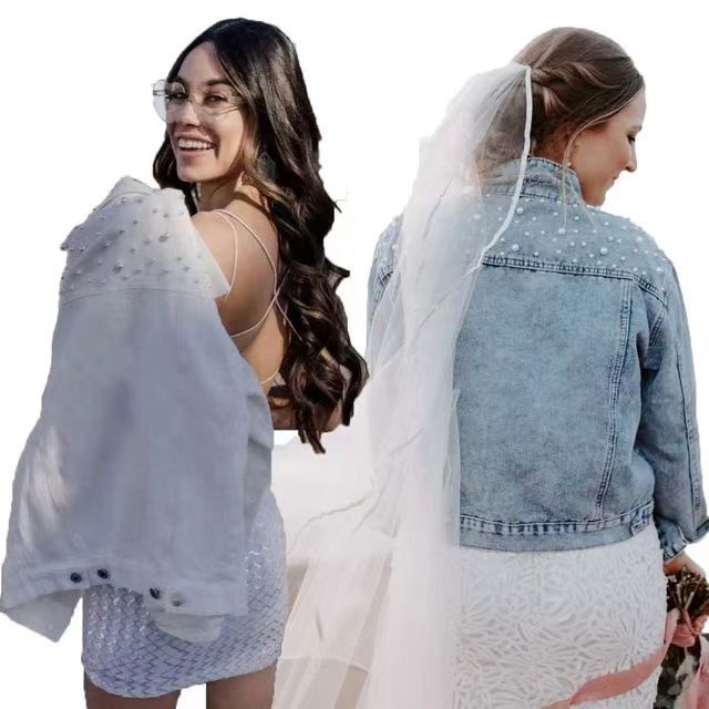 Amazon Cross-Border Southeast Asia Heavy Fashion Beaded Short Denim Jacket for Women Pearl Plus Size Jacket ns Top