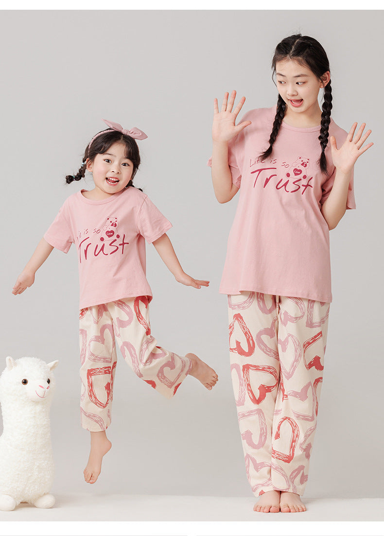 Parent-Child Cotton Homewear Summer Style Children's Short Sleeve Long Pants Set Cartoon Air Conditioning Clothing Sweat-Absorbing Printed Pajamas Couple Outfit