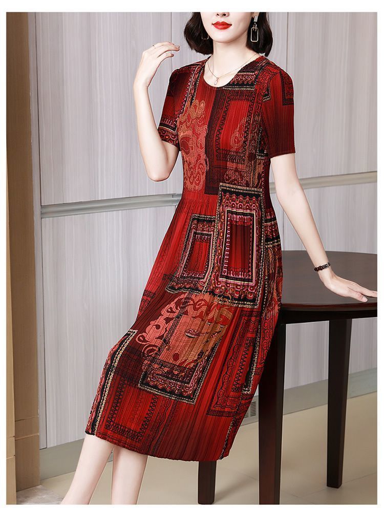 Pleated Printed Short Sleeve Mid-Length Mom Dress2025Summer Retro Round Neck Casual Loose Plus Size Dress